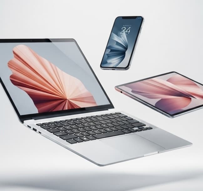 Laptop, tablet and phone floating in an empty space